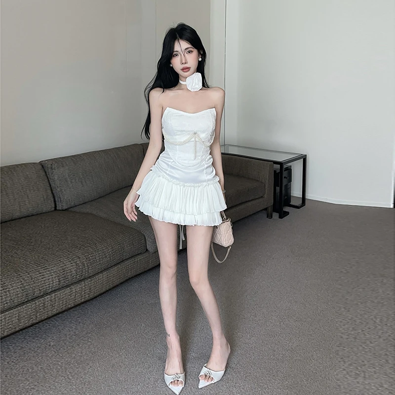 重工立体压纹珍珠链塑身抹胸上衣女2025春季新款显瘦蓬蓬裙子套装
