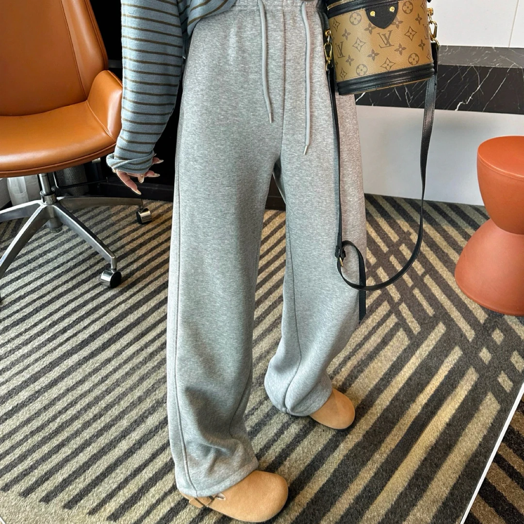 冬季新款加厚加绒卫裤百搭休闲松紧腰纯色立体口袋显瘦运动裤