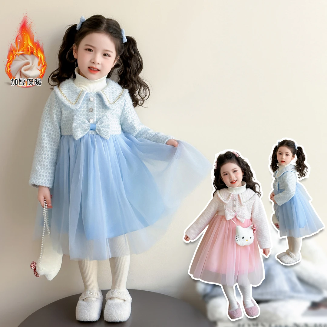 女童冬装甜美蝴蝶结加绒公主裙2025新款儿童时尚女宝宝洋气连衣裙