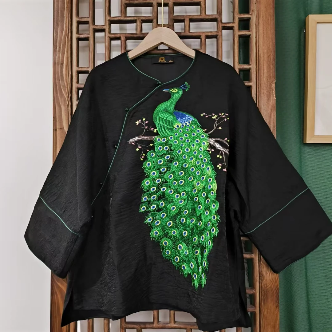 凤徕兮私人定制黑色福禄底绿孔雀刺绣斜襟盘扣上衣(LS128-12）