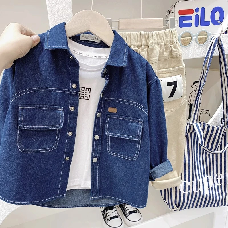 儿童牛仔衬衣2025宝宝宽松上衣洋气春秋款童装儿童长袖衬衫韩版