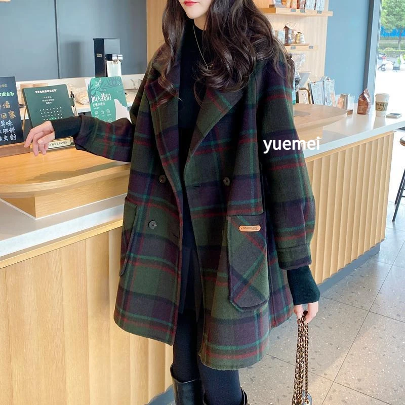 奥特莱斯新款秋冬美拉德女大衣双面遮肉秋冬少女格子毛呢外套