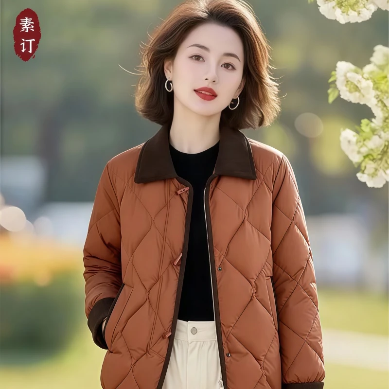 素订女装原创品牌旗舰店时尚韩版撞色菱格宽松保暖棉袄外套冬季