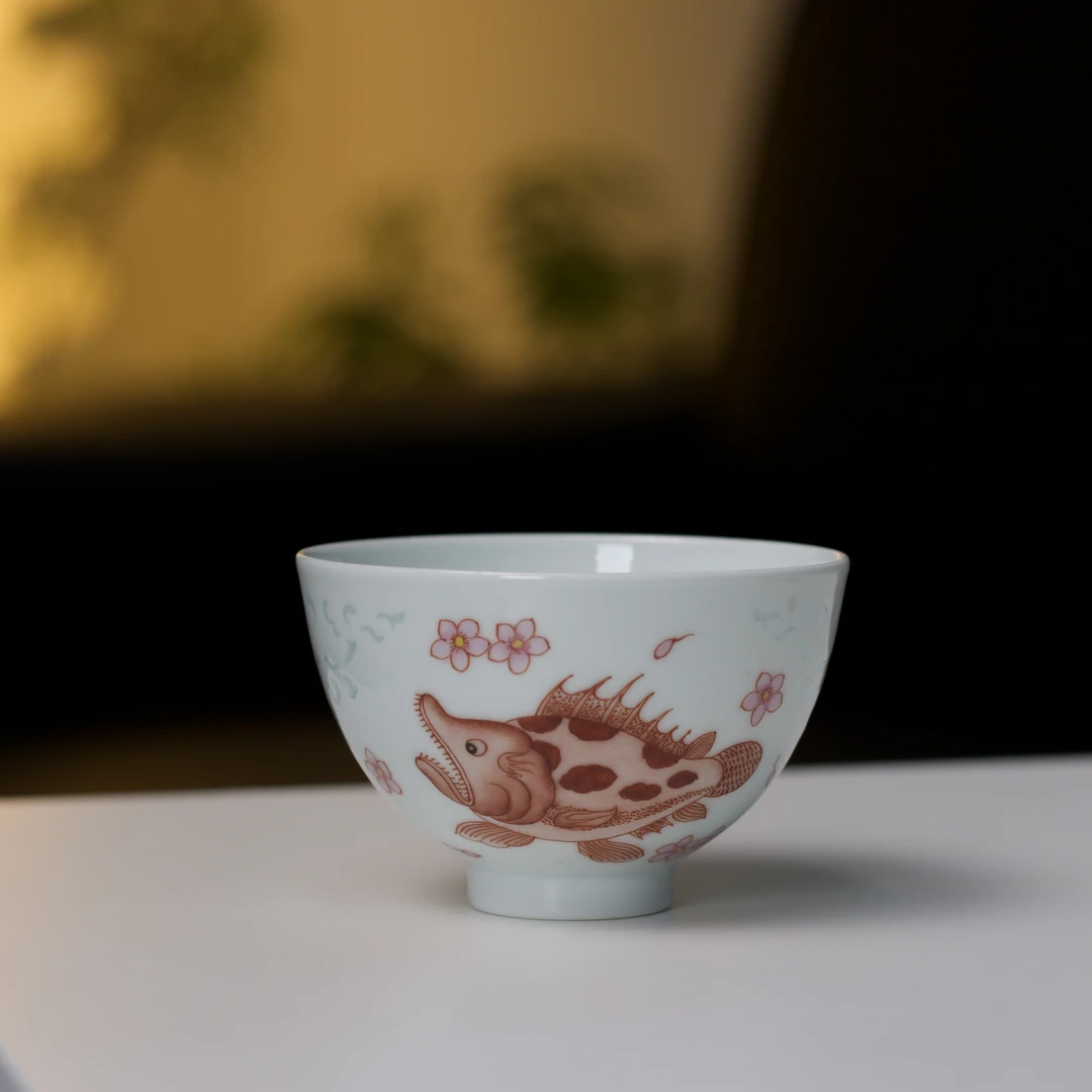 玲珑集 景德镇手绘斗彩鳜鱼玲珑瓷主人杯茶杯 80cc