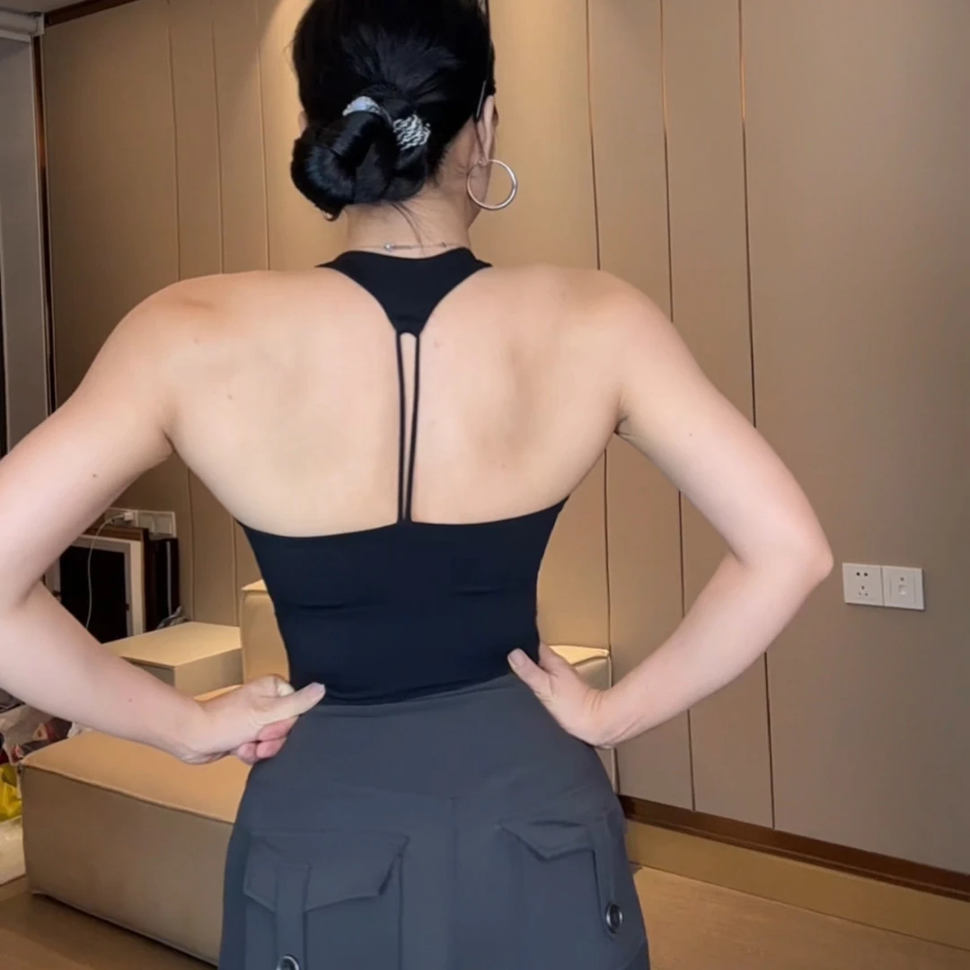 半月式背心上衣女带胸垫免穿内衣腰部抽褶紧身显瘦普拉提运动背心