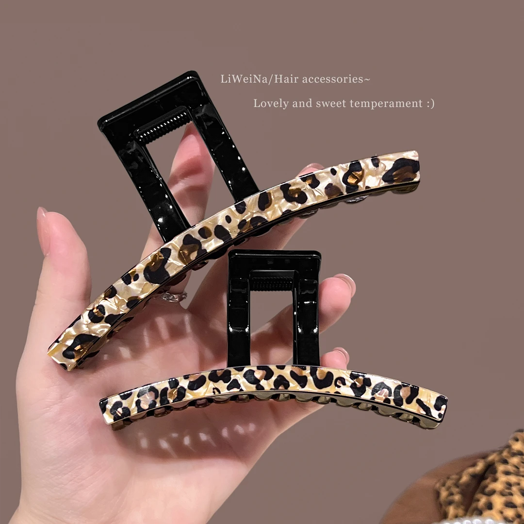 高级感豹纹一字抓夹女发量多大号鲨鱼夹后脑勺盘发夹子气质头饰韩