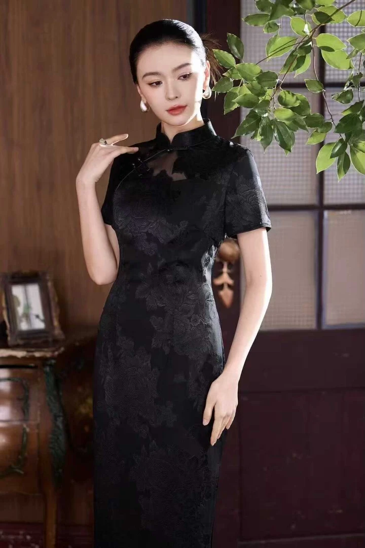 8577【桑蚕丝夜染】短袖夏季织花花色三分袖袖气质复古旗袍显瘦黑色