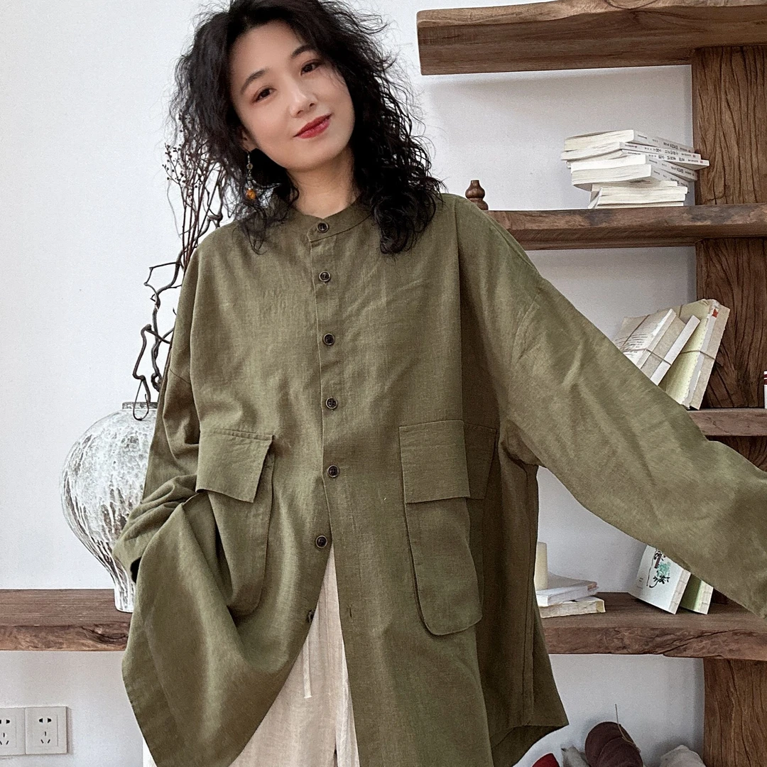 春季出行衬衫领宽松上衣欧若风韩版外套立领长袖衬衫显瘦中长款