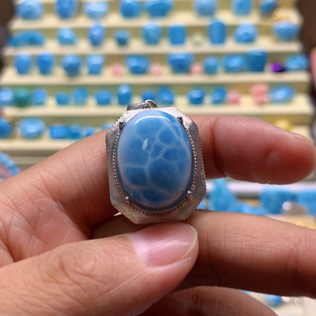 银S925镶嵌针钠钙石（海纹石）珠宝半成品