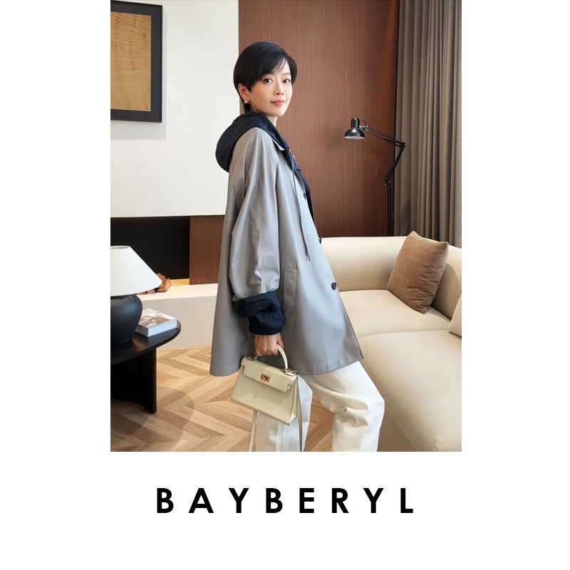 BAYBERYL老贝缪式皮风衣两面穿连帽拼接秋休闲外套PY5H0902
