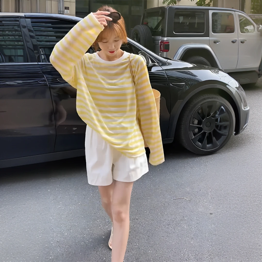 长袖t恤女薄款防晒罩衫夏季2025新款韩版宽松气质小个子条纹上衣