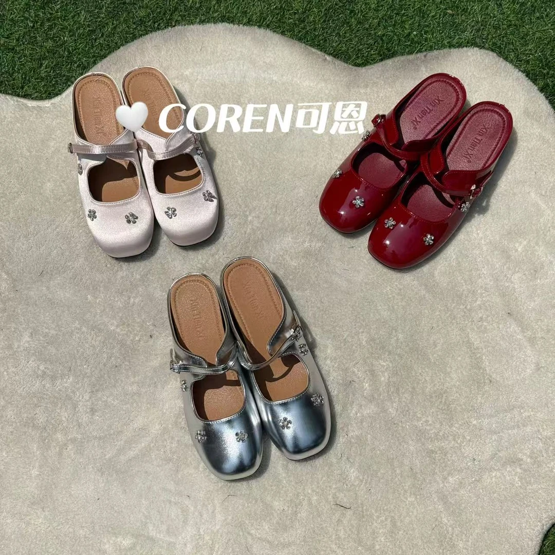 内增高包头半拖鞋女新款水钻复古小个子