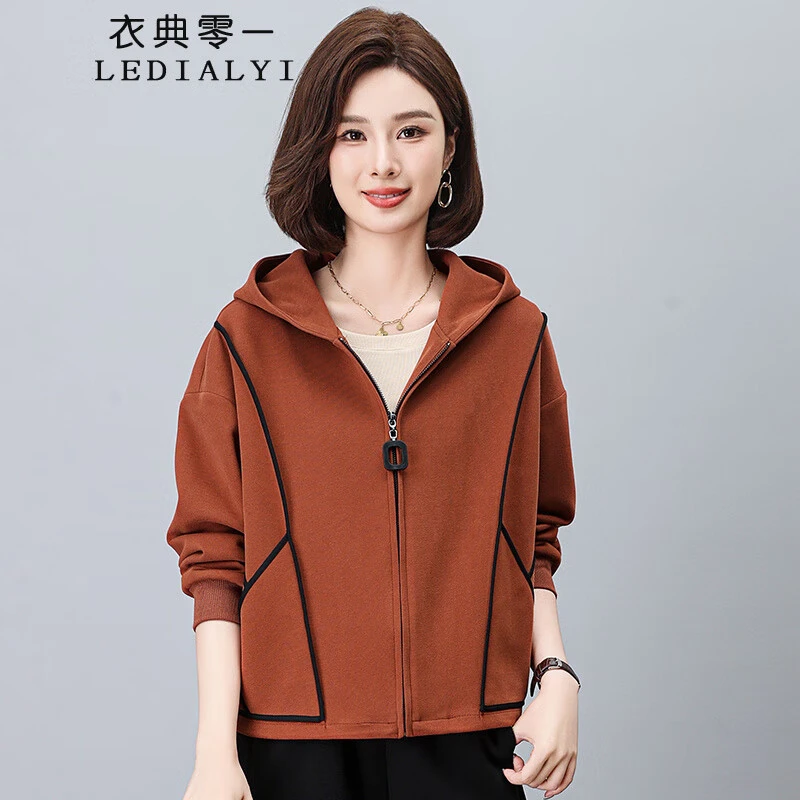红色连帽短外套女春秋季2025年新款妈妈宽松显瘦百搭休闲夹克上衣