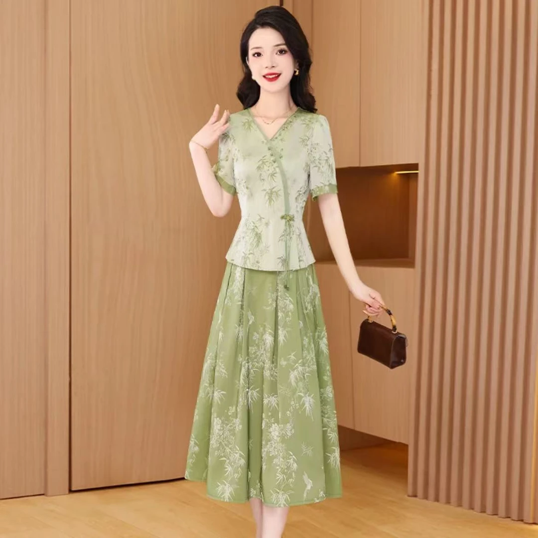 【两件套】2025夏季新中式气质时尚大气休闲修身显瘦套裙