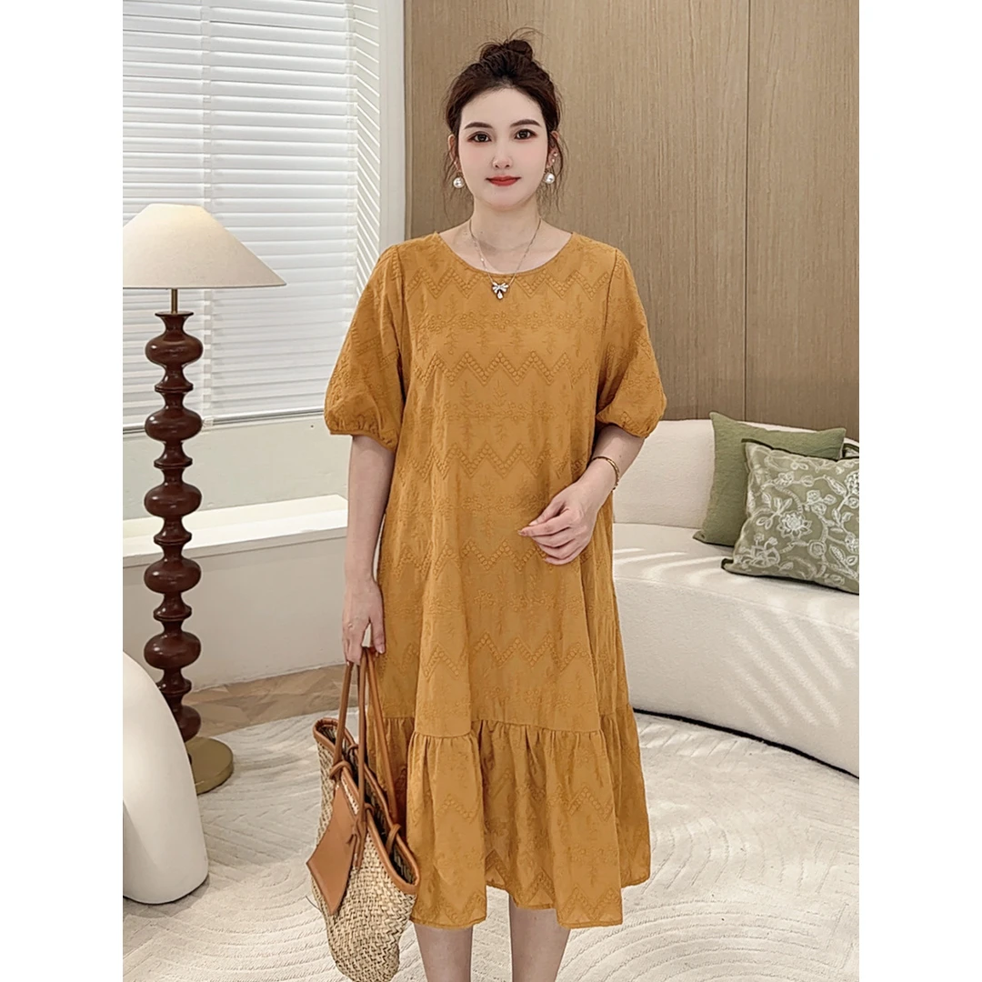 【沁棉雅韵-全棉】MsShe大码夏重工刺绣圆领中长款连衣裙S~E2506032