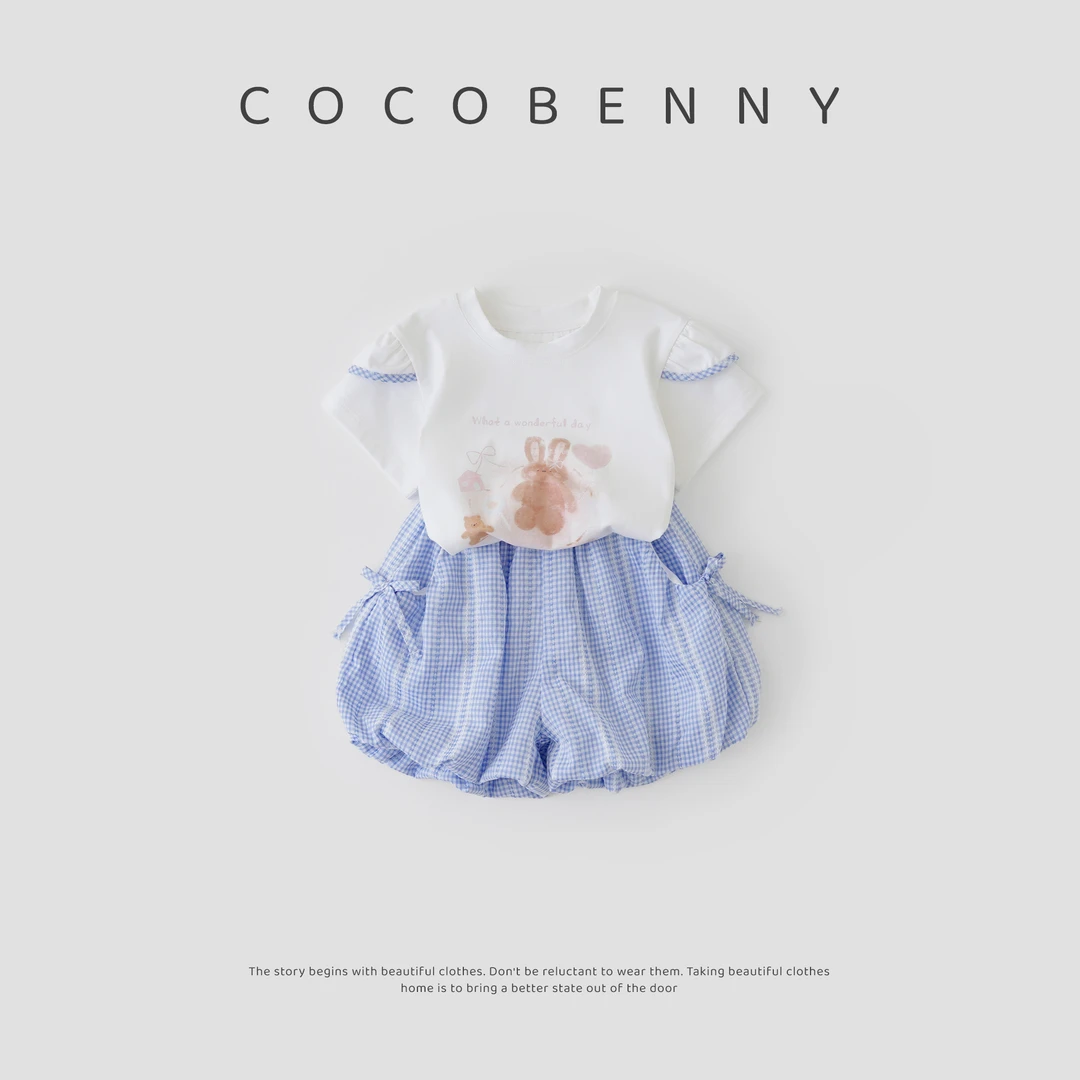 COCOBENNY女童夏季短袖套装新款薄款女宝宝花苞裤t恤两件套250862