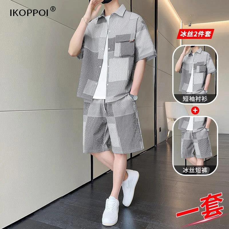 休闲运动套装男士夏季冰丝短袖衬衫潮牌帅气搭配一套青年时尚衣服