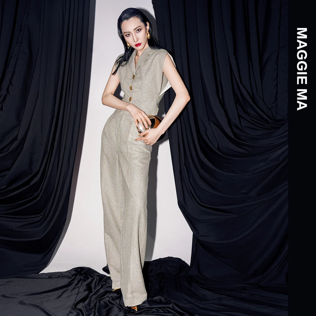 MAGGIE MA马婧设计师款自信女人气质时髦马甲直筒长裤套装247D