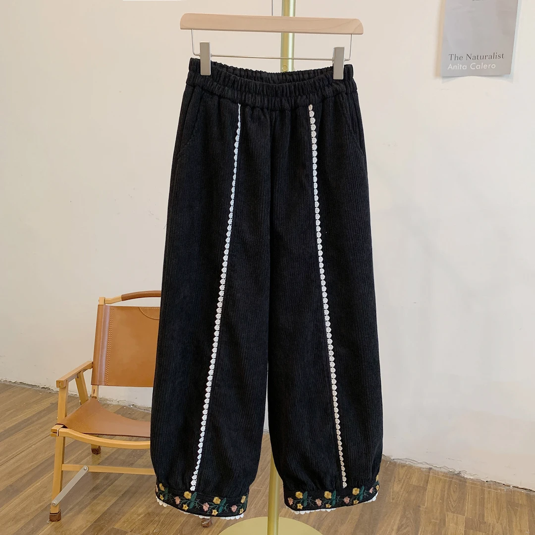 Y3250加绒灯芯绒刺绣蕾丝边松紧腰休闲裤