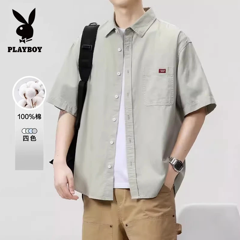 花花公子工装短袖衬衫男士春夏季高级感宽松潮休闲半袖衬衣外套男