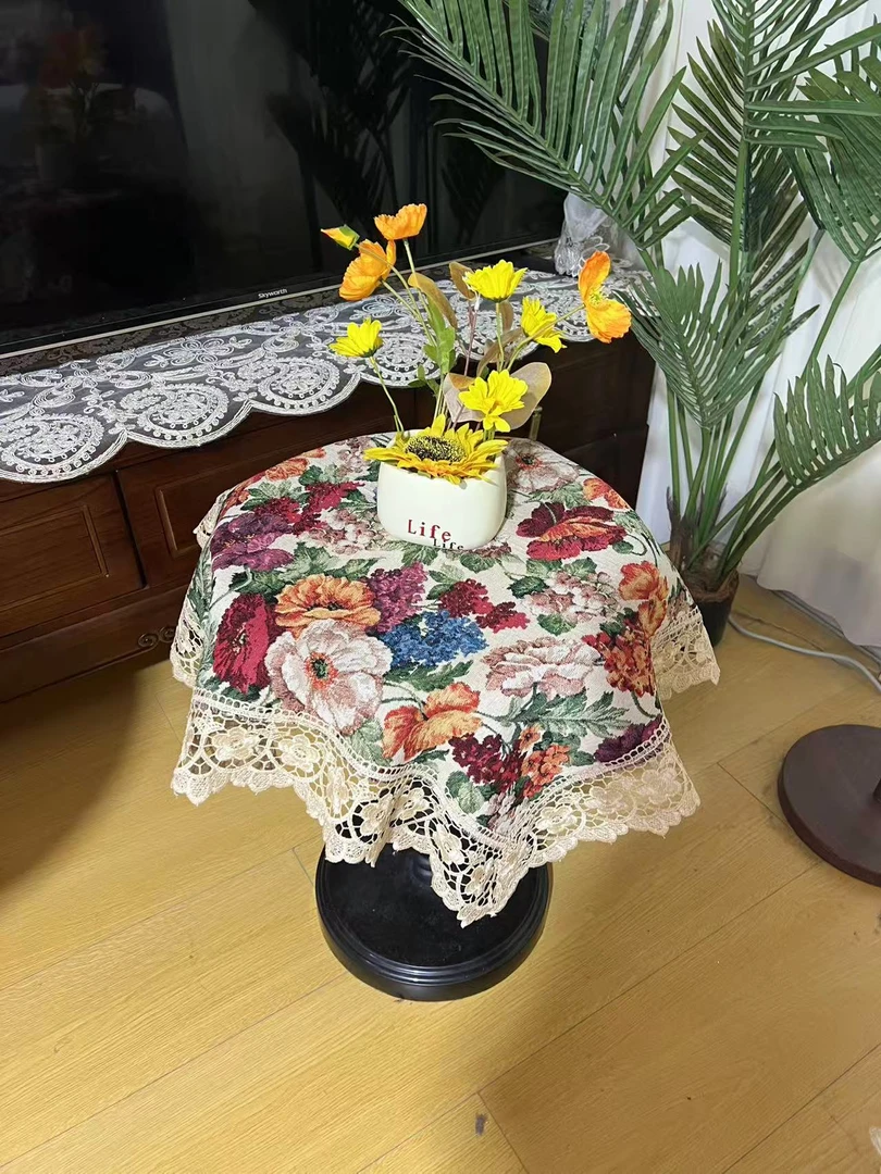 ZN102-83棉麻交织布【75*75】米白色百花齐放水溶边桌布茶几布