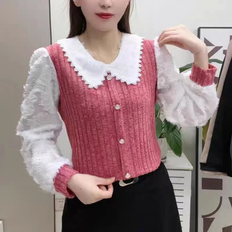 春季新款蕾丝遮肉小衫拼接娃娃领显瘦长袖