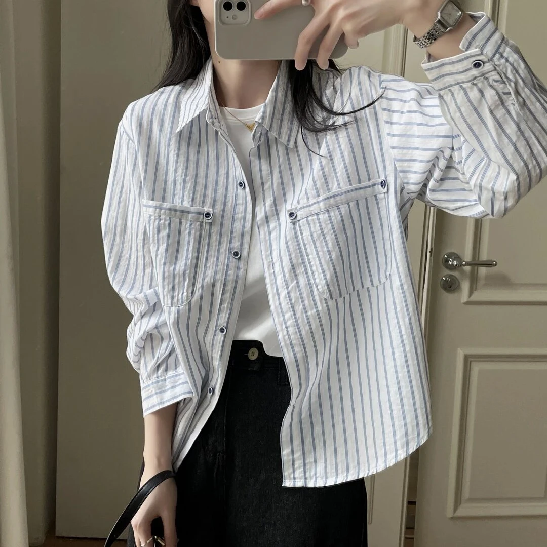 防晒衬衣女2025早秋新款韩版宽松百搭高级感小众双口袋条纹衬衫潮