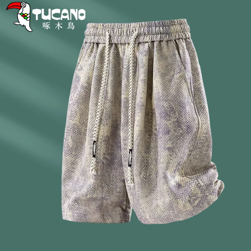 【官方】啄木鸟短裤男士2025夏季菱形提花休闲宽松扎染男生外穿短裤