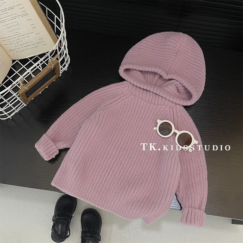 Q现货-冬装儿童韩版时尚简约休闲纯色套头连帽针织毛衣SJ4713