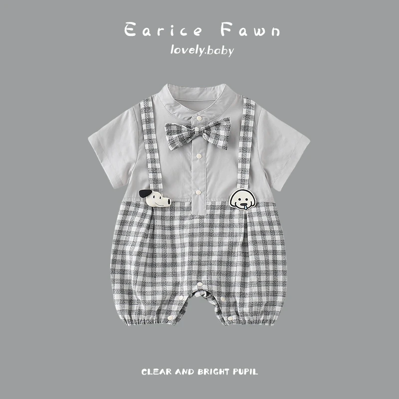 YM婴儿衣服宝宝夏季连体衣洋气外出短袖哈衣满月百天爬服可爱假两