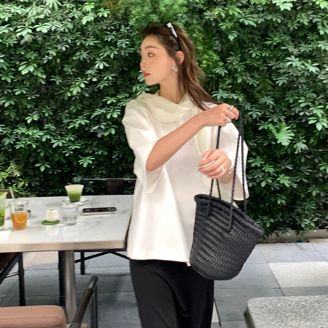 【纯白梦境】RARE ZZ 宽松后飘带廓形圆领T恤女简约百搭休闲上衣