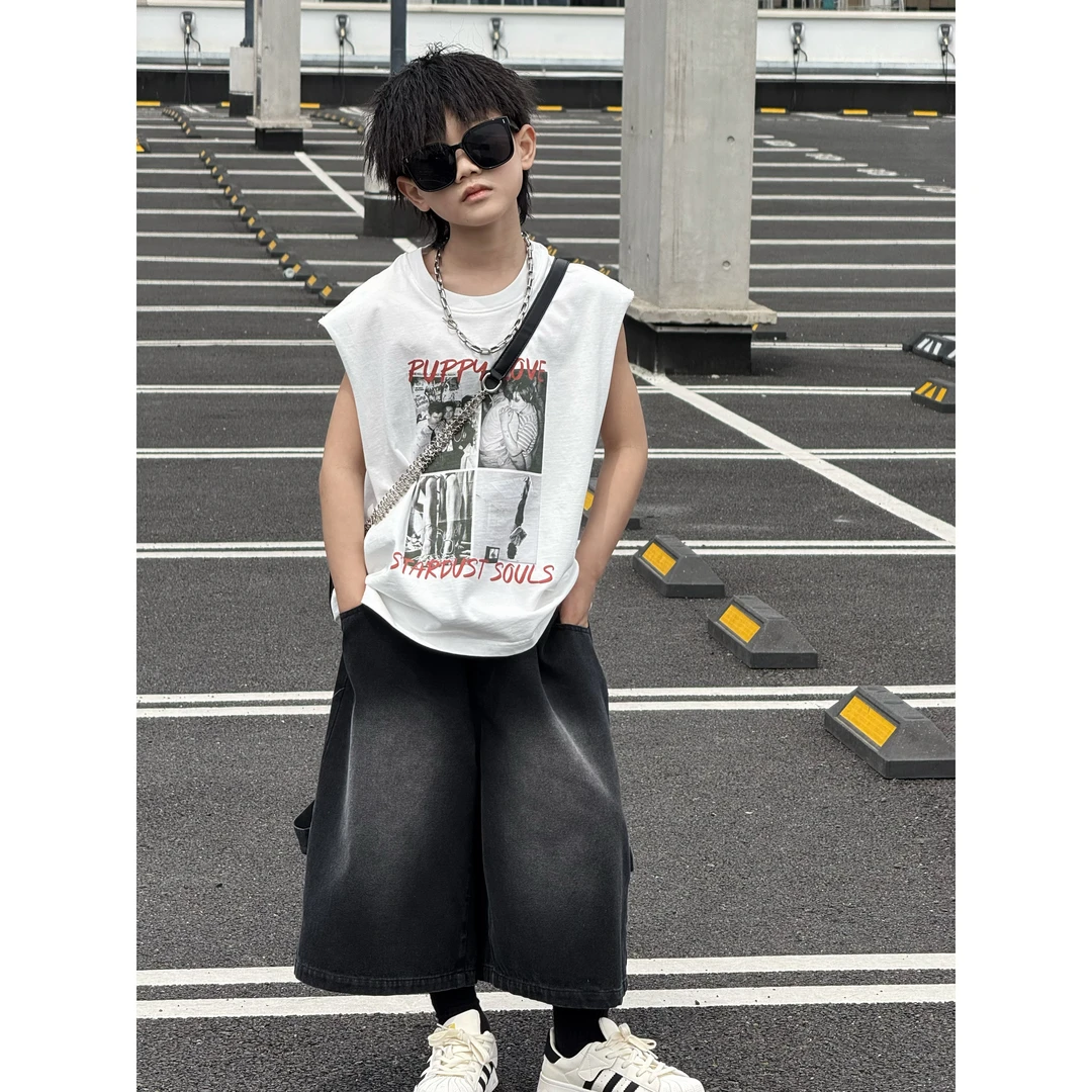 现货THE LUHAN【高街潮型】夏季美式休闲亲子装中大童无袖背心25177