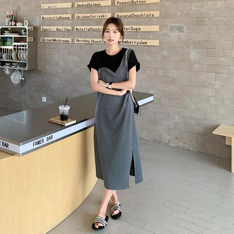 质感高级感拼色连衣裙女2024新款气质显身材设计感开叉假两件长裙