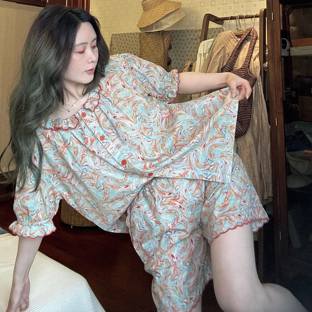 100%纯棉睡衣女夏季2025新款短袖短裤碎花复古家居服套装宽松休闲