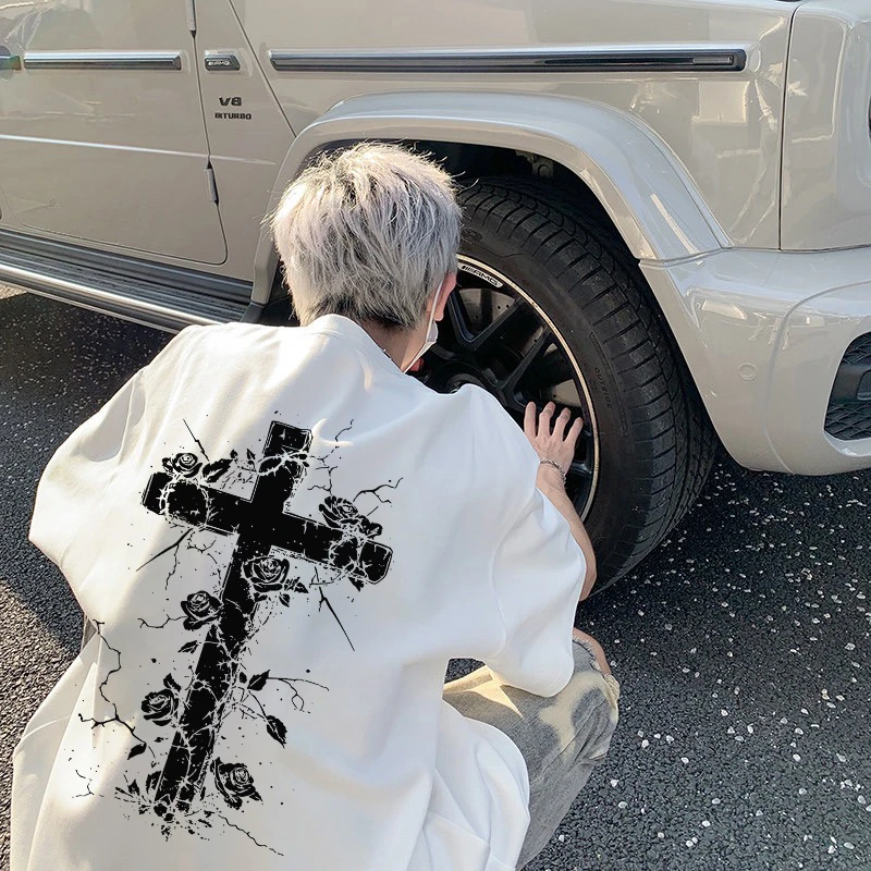 100%纯棉重磅优质短袖美式十字架ins潮牌T恤夏季新款男装宽松圆领