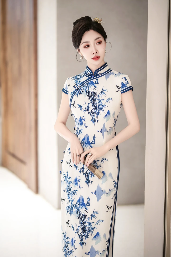 金矿矿5557重工裁剪长款八扣旗袍/M-5XL/衣长125CM/气质春修身