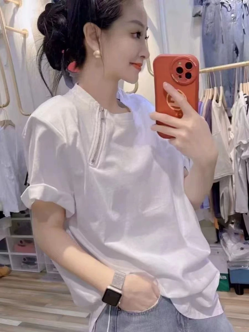 502T水洗圆领常规拉链休闲风短袖T恤运动ins韩版女士时尚