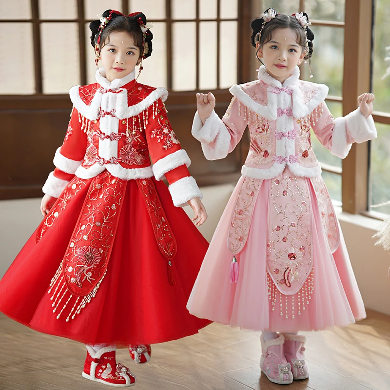 女童加厚秋冬冬季保暖裙子儿童中国风拜年服12岁大童冬款加厚女童