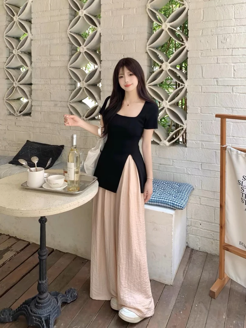 夏日穿搭百搭短袖开叉显瘦不规则T恤+阔腿裤套装