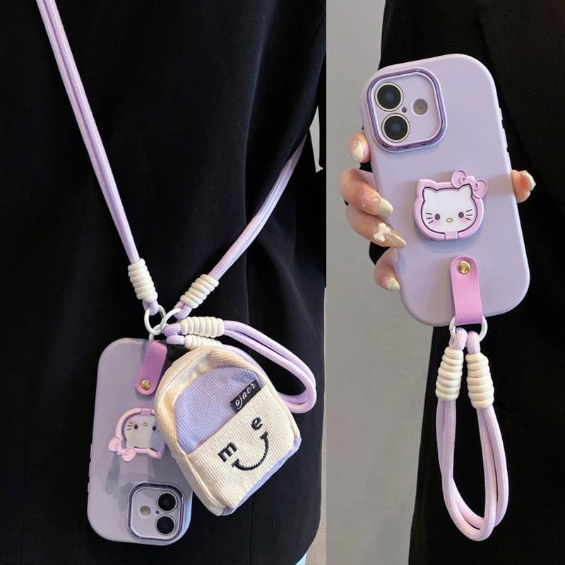 香芋紫KT猫支架手提绳适用iPhone16手机壳15pro收纳小包14promax