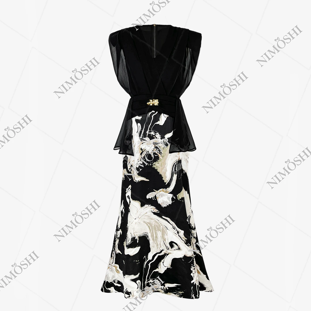 NIMOSHI【倩倩】新款无袖设计网纱假两件水墨气质显瘦连衣裙Q2193