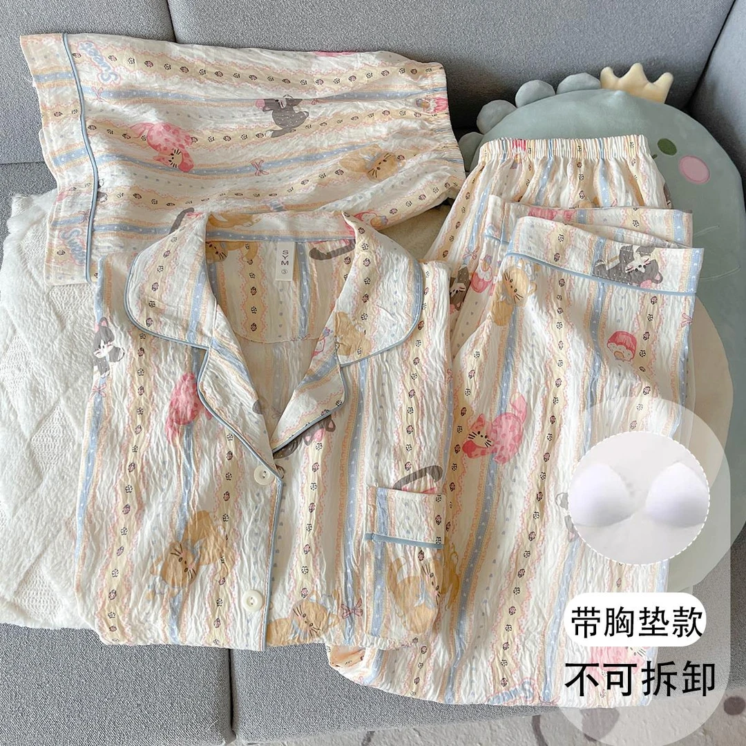 春秋一体三件套文胸女夏天短袖长裤套装可外穿大尺码200斤家居服