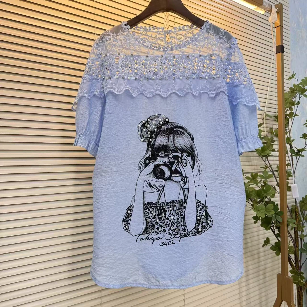 夏季新款大码女装时尚洋气舒适透气蕾丝拼接印图百搭休闲遮肉上衣