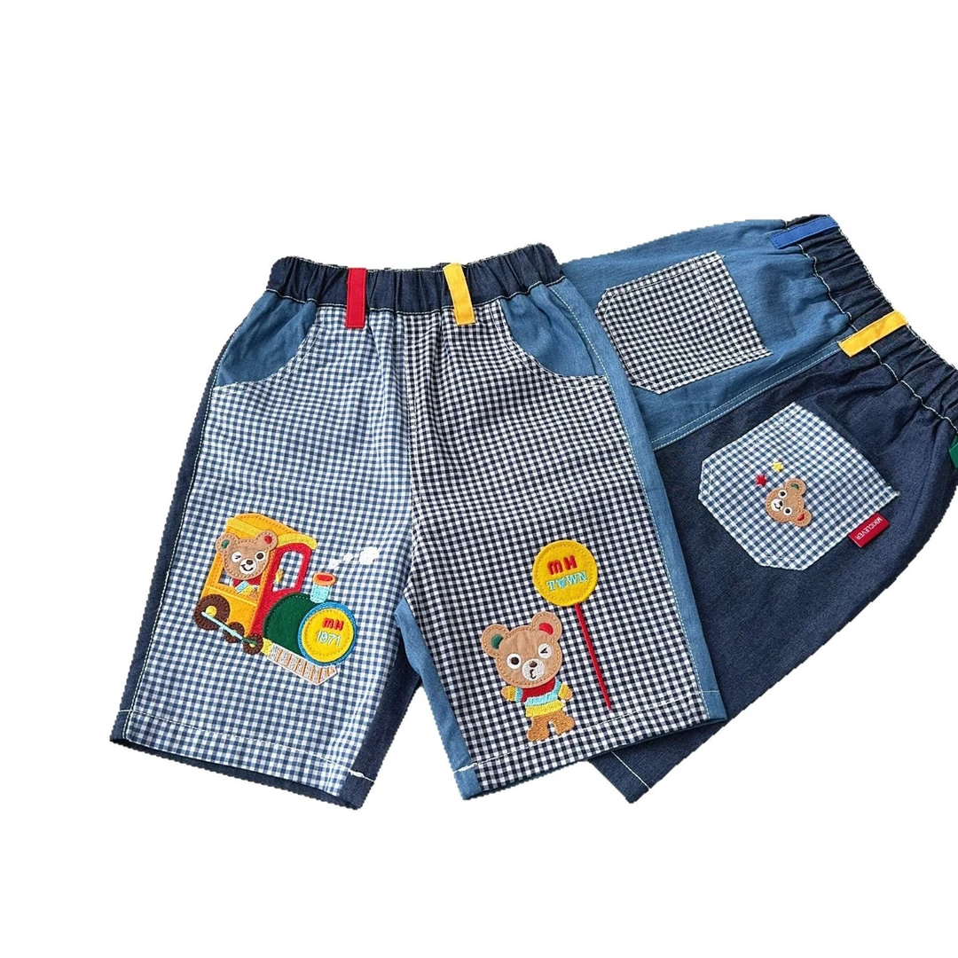 外贸日系Miki童装25夏新可爱小熊小火车刺绣拼接格子六分短裤