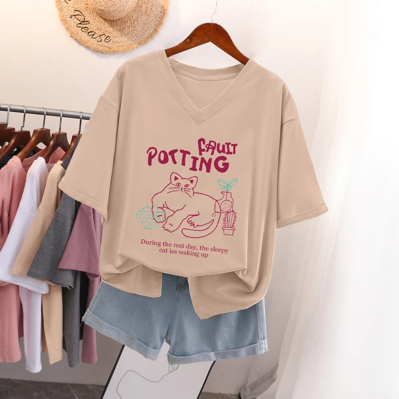 宽松oversize大码V领纯棉短袖t恤女装2025年新款夏季显瘦百搭上衣