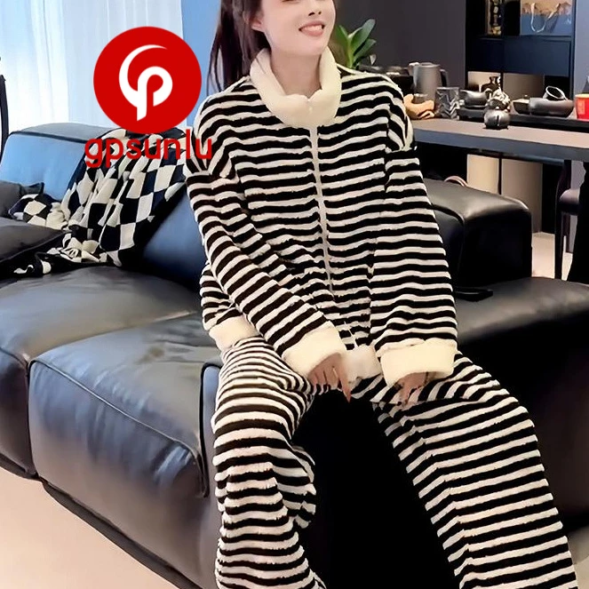 【高端小众】冬季条纹家居服毛绒保暖睡衣女2026春秋立领拉链珊瑚绒