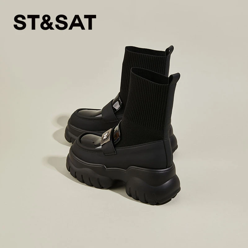 星期六弹力靴女2025秋冬季爆款时装靴黑色瘦瘦靴英伦袜子靴女靴爆