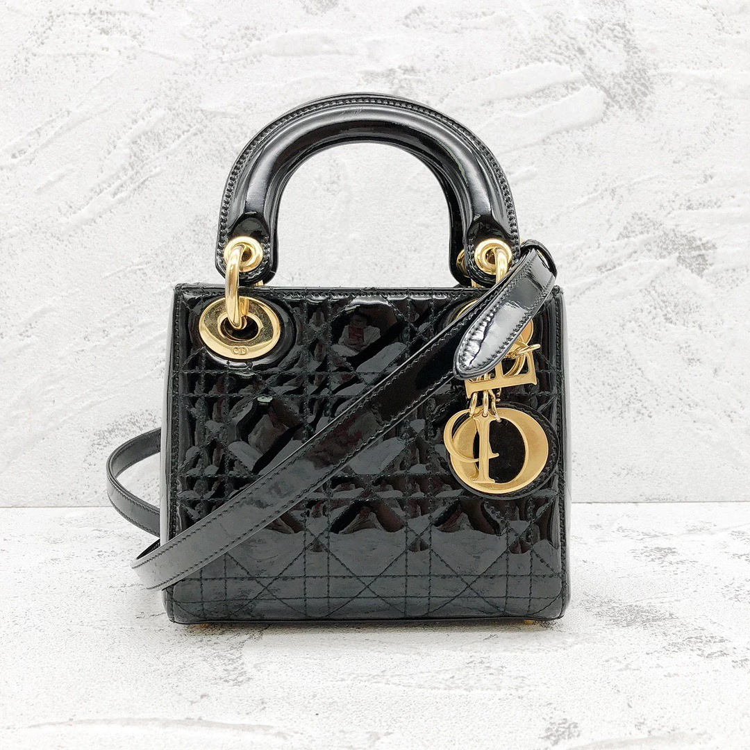 99新 DIOR/迪奥 Dior 黑金漆皮三格戴妃 25090080-04