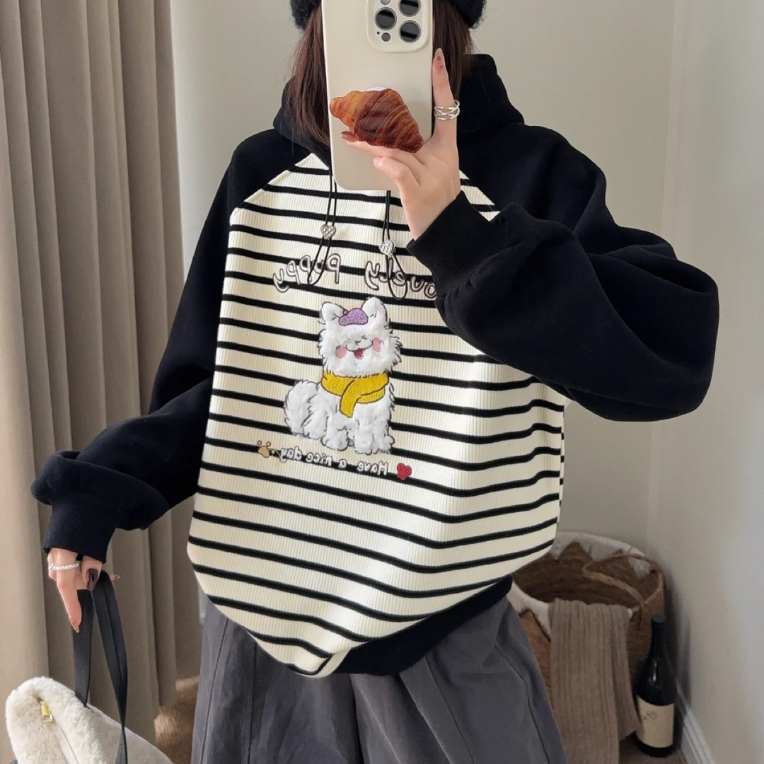 韩国东大门25冬季新款加绒黑条纹卷毛狗连帽卫衣韩版宽松百搭上衣