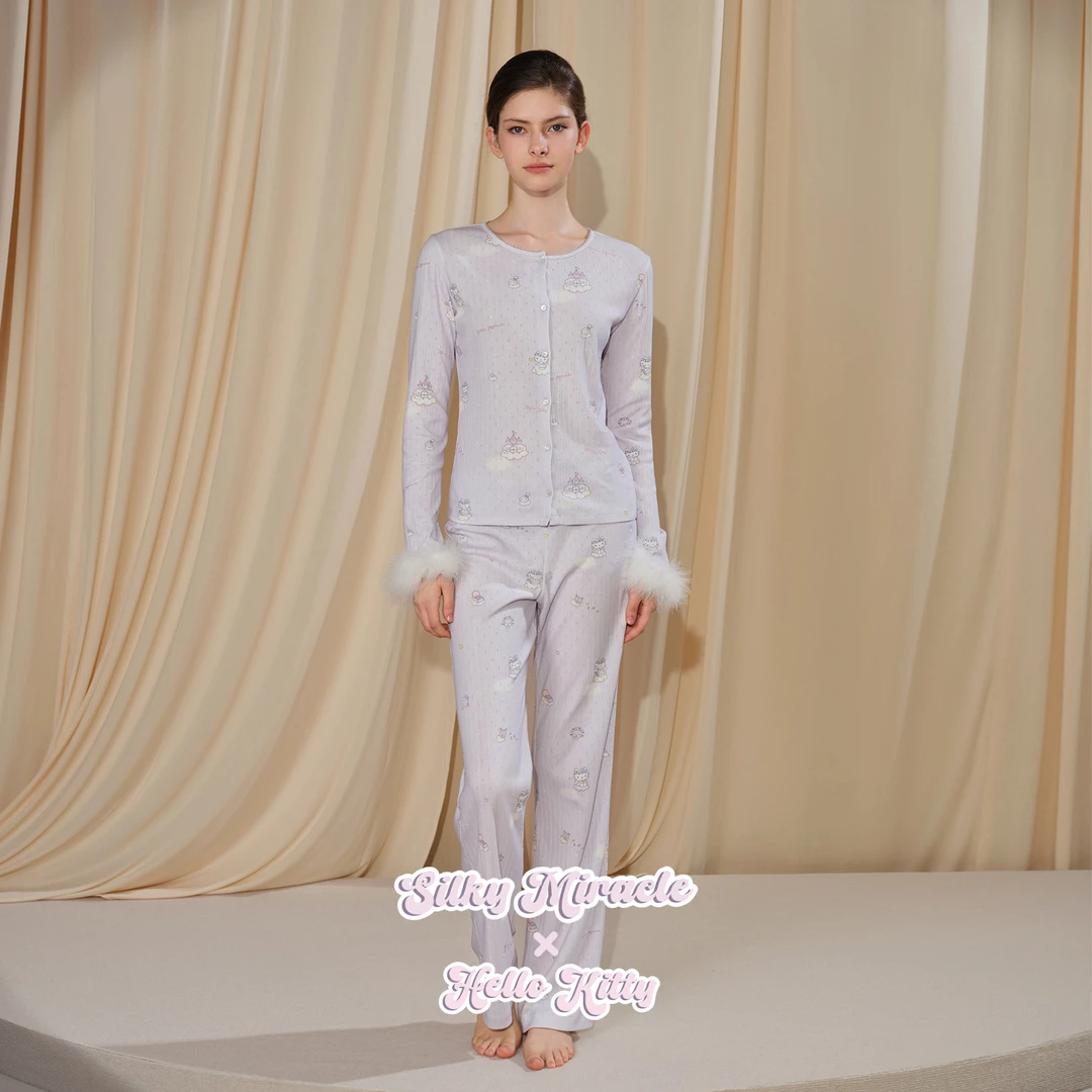SILKY MIRACLE针织羽毛睡衣HelloKitty联名桑蚕丝开衫长裤套装女